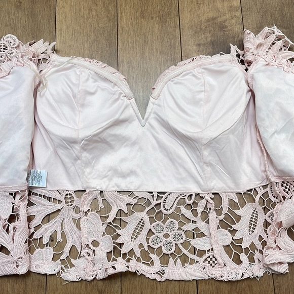Soieblu lace floral cropped top bustier LARGE pink blush wide sleeves zip up - Picture 5 of 10